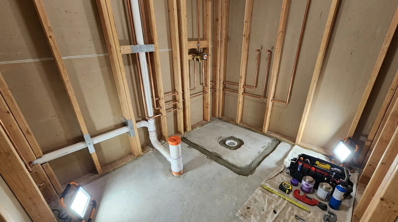 Bathroom rough-in plumbing during remodel by Johns Plumbing LLC in Montgomery Village