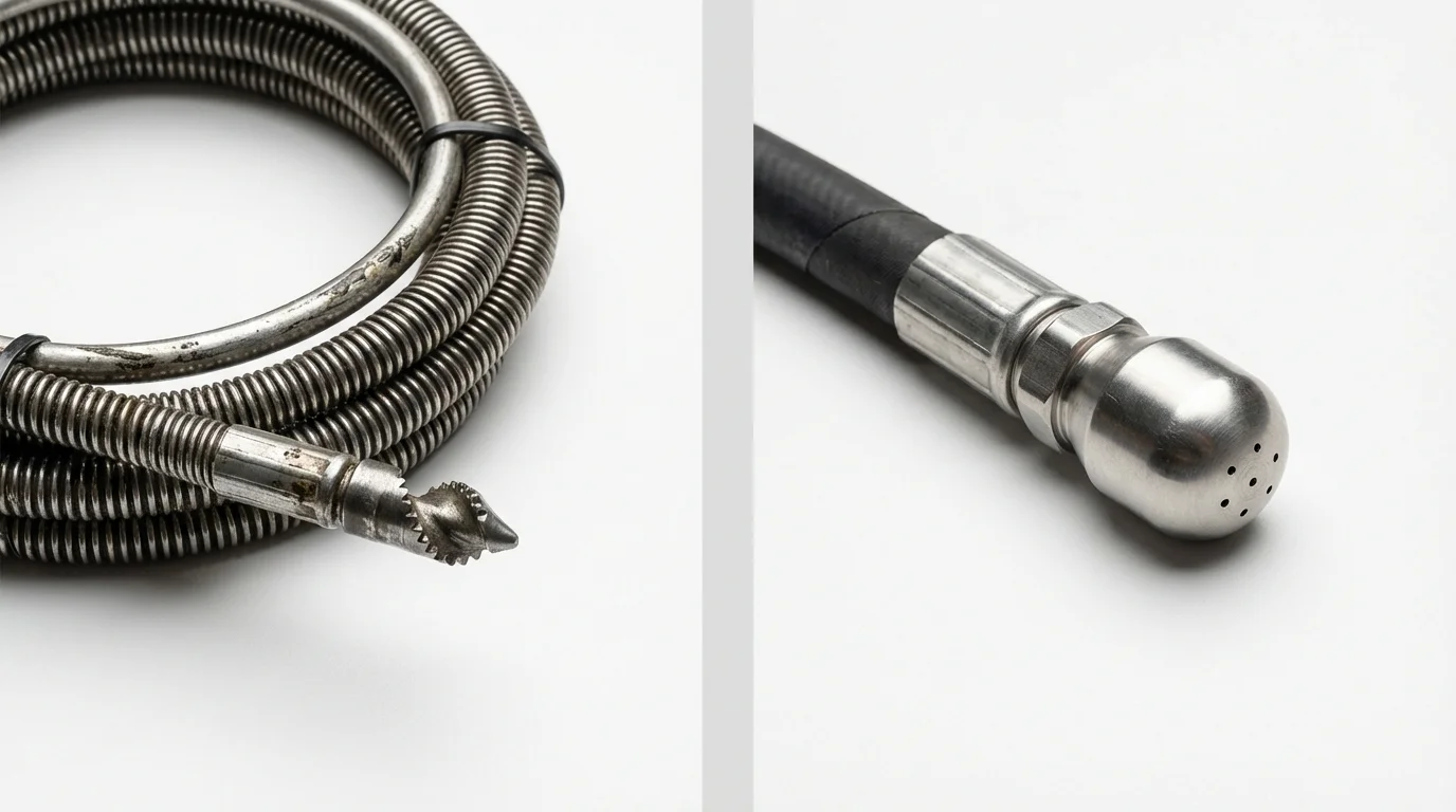 Drain snake cable and hydro jetting nozzle used for drain cleaning in Montgomery Village, MD