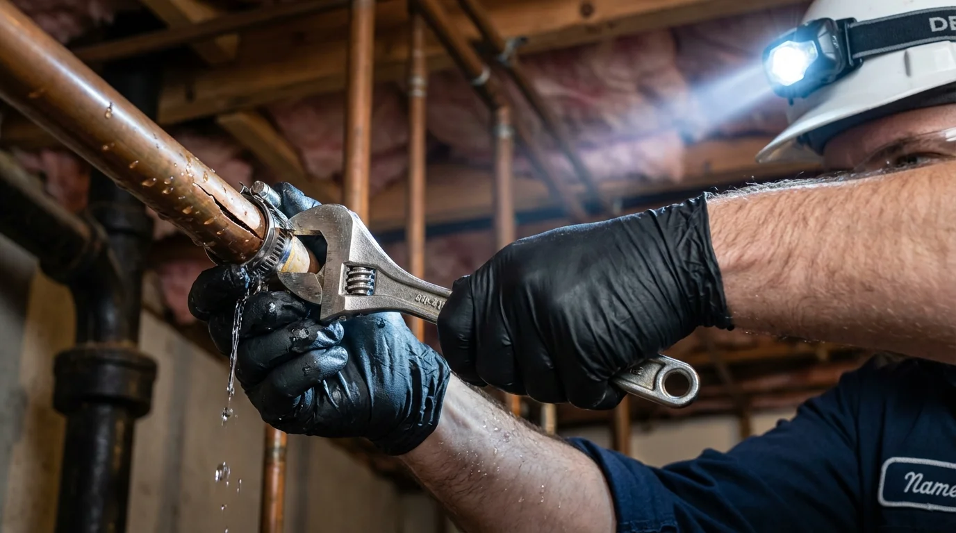 Emergency pipe clamp repair being performed by a Johns Plumbing LLC plumber in Montgomery Village