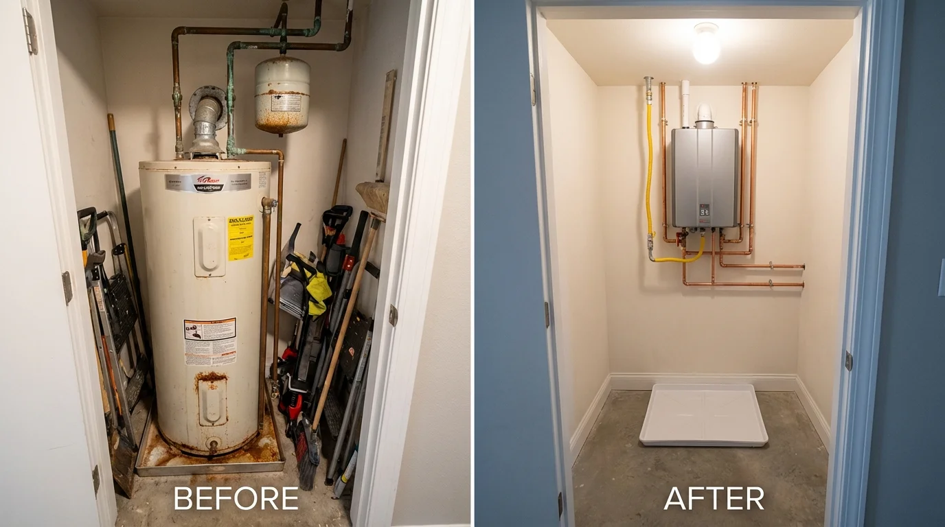 Tank water heater versus wall-mounted tankless unit comparison for Montgomery Village, MD homeowners