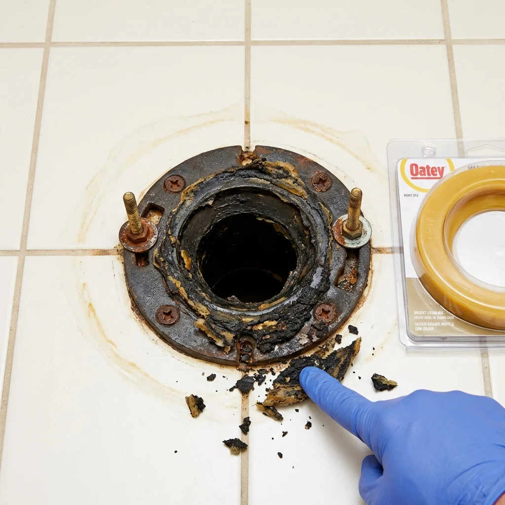 Failed wax ring showing water seepage at the base of a toilet in a Montgomery Village, MD home