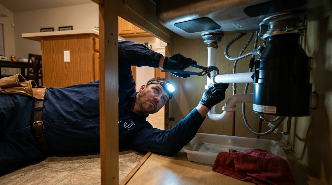 P-trap and supply line connections under a kitchen sink showing a common leak point in Montgomery Village, MD